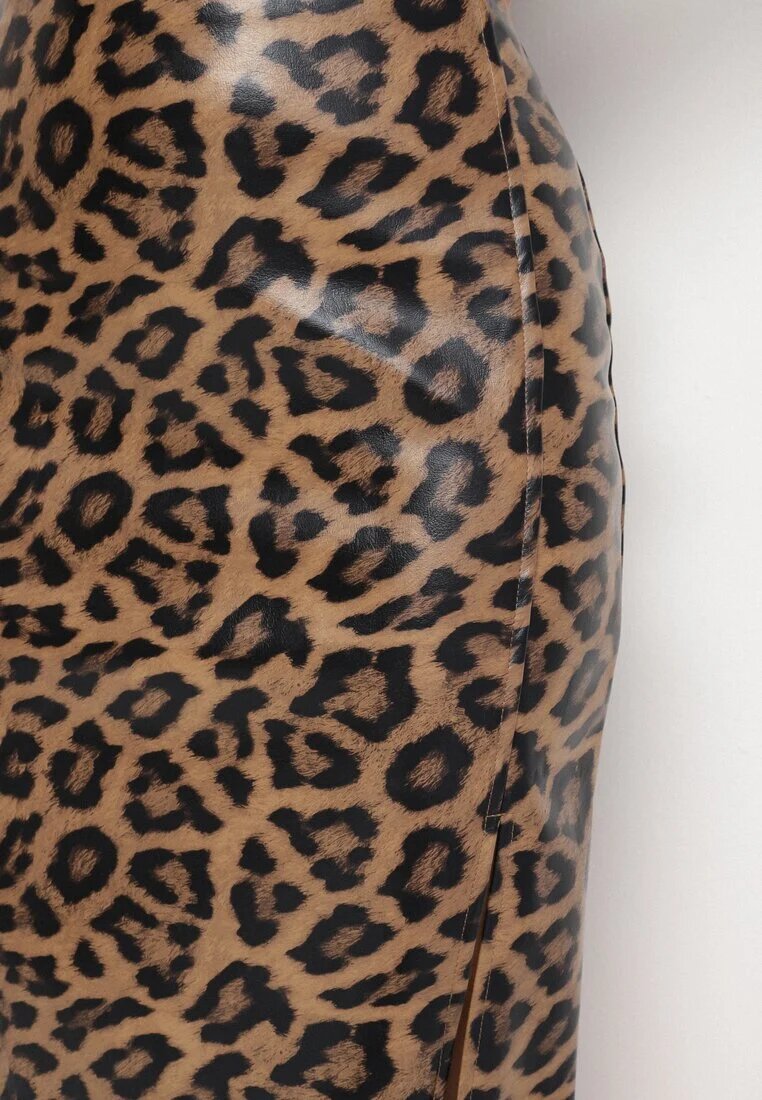 by may Fustă Creion Maro cu Imprimeu Leopard cu Șliț pe Picior Tamornis