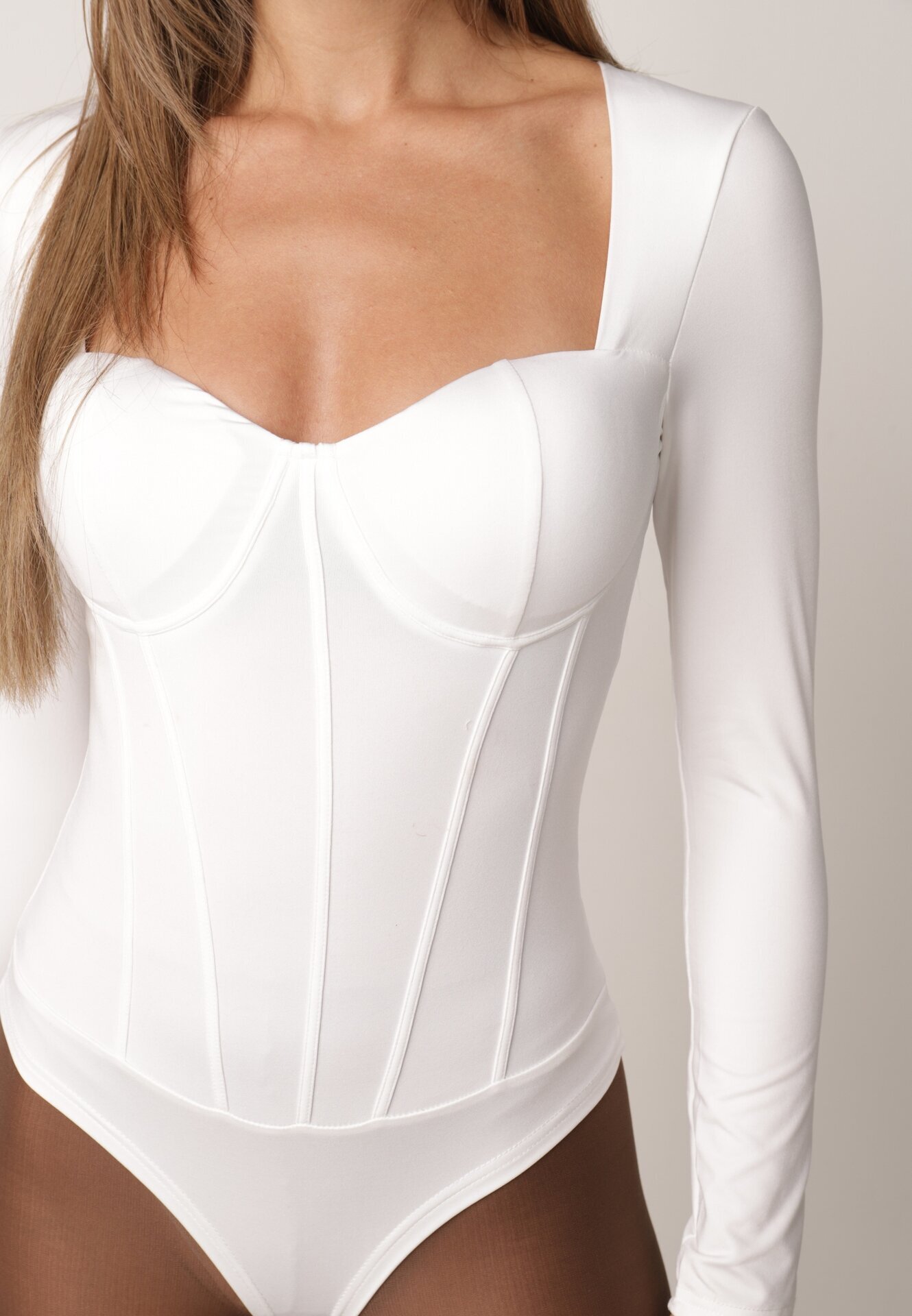 by swan Body din vâscoză cu croială de corset și mânecă lungă Zirnala Imprimeu Alb