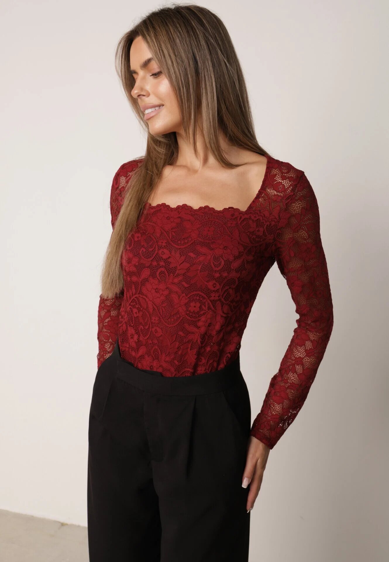 by swan Body elegant din dantelă cu vâscoză cu decolteu pătrat Visco Bordo