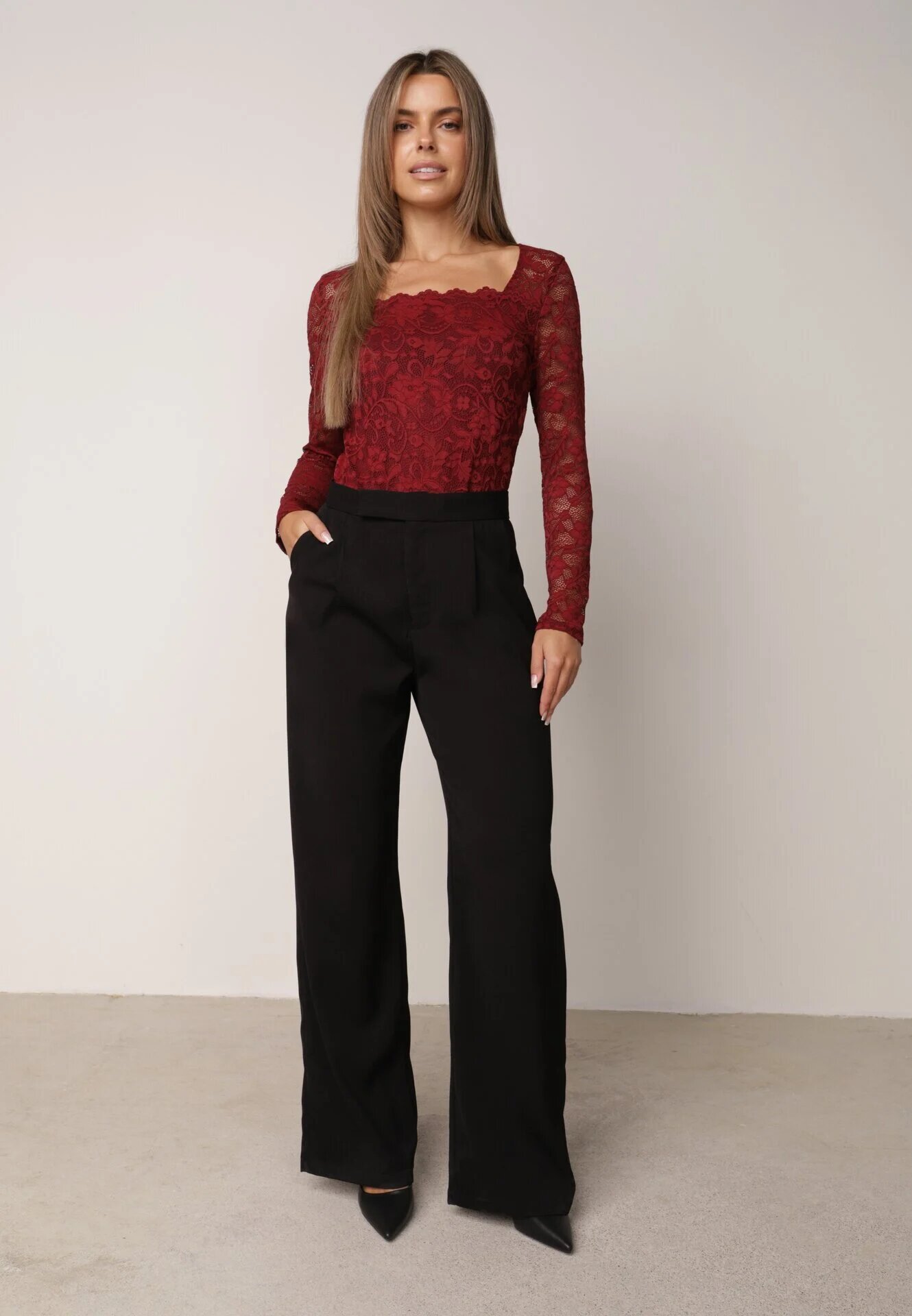 by swan Body elegant din dantelă cu vâscoză cu decolteu pătrat Visco Bordo