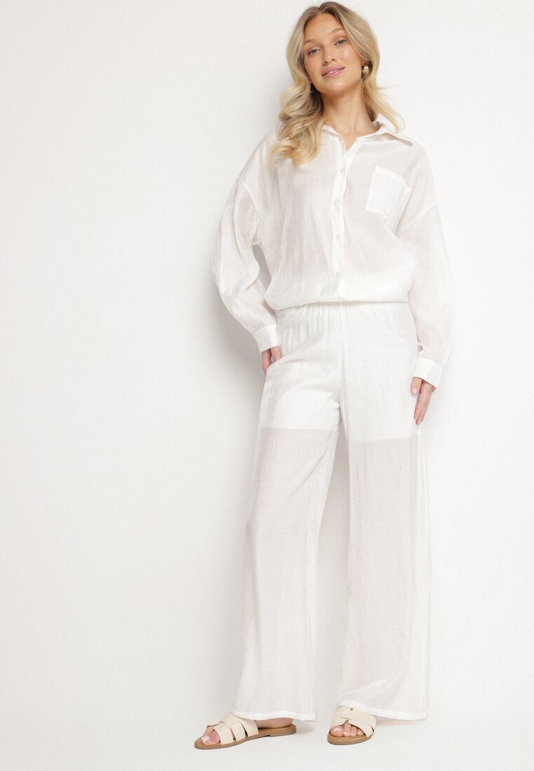 by swan Pantaloni Albi Palazzo cu croială largă cu elastic în talie și talie înaltă Jenanetia