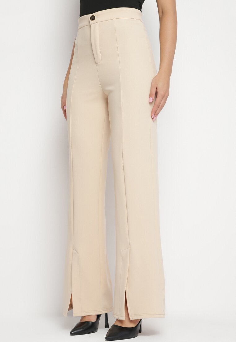 by swan Pantaloni largi bej cu talie înaltă și vâscoză cu fante decorative la tiv Xolea