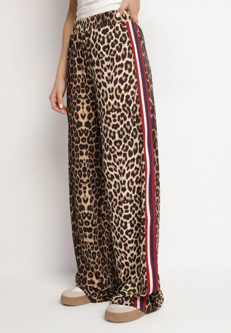 by swan Pantaloni largi maro-roșu cu imprimeu leopard din viscoză și cu talie elastică decorați cu vipușcă Velonara
