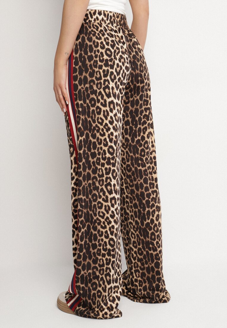 by swan Pantaloni largi maro-roșu cu imprimeu leopard din viscoză și cu talie elastică decorați cu vipușcă Velonara