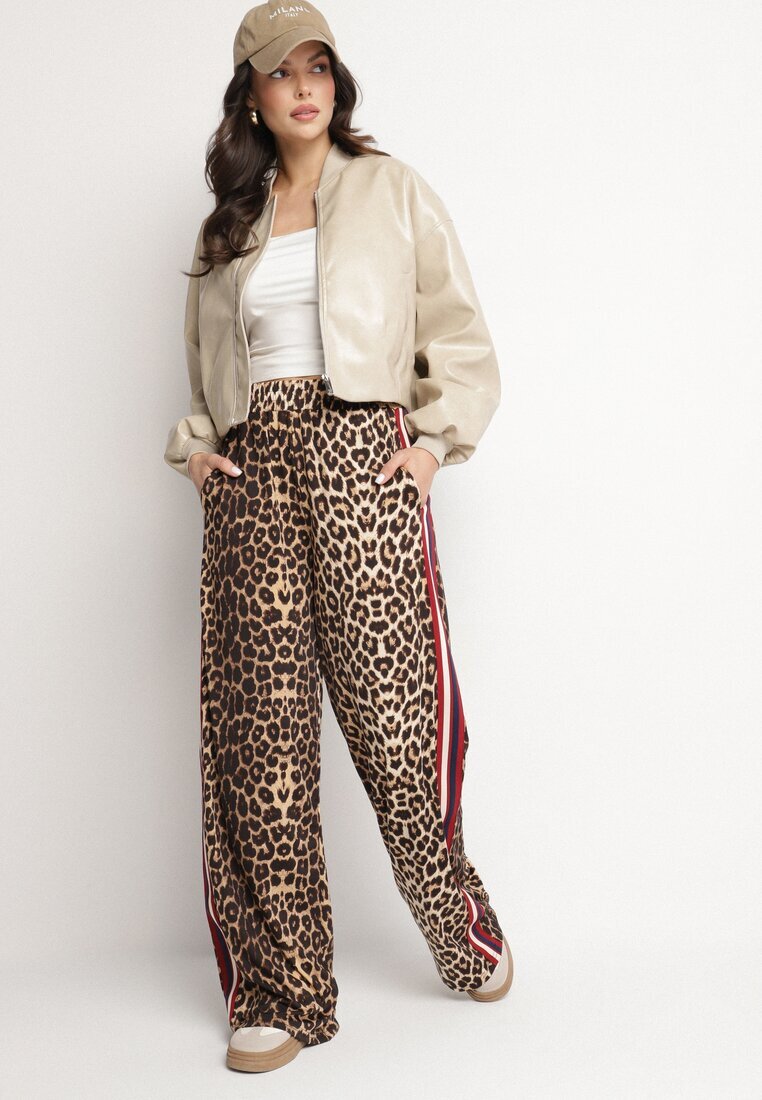 by swan Pantaloni largi maro-roșu cu imprimeu leopard din viscoză și cu talie elastică decorați cu vipușcă Velonara