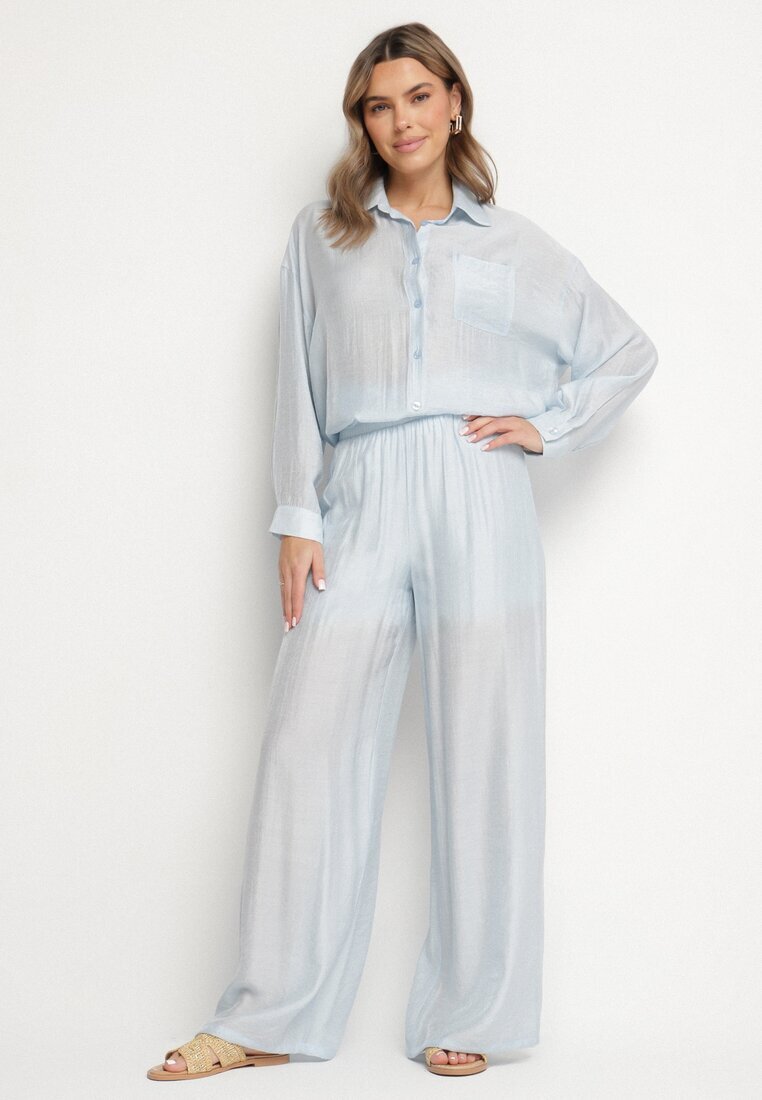 by swan Pantaloni Palazzo Albastru deschis cu croială largă cu elastic în talie și talie înaltă Jenanetia