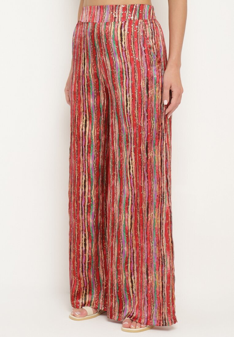 by swan Pantaloni Roșii cu Picioare Largi cu Talie Înaltă și Elastic în Talie Decorate cu Sclipici Gilea