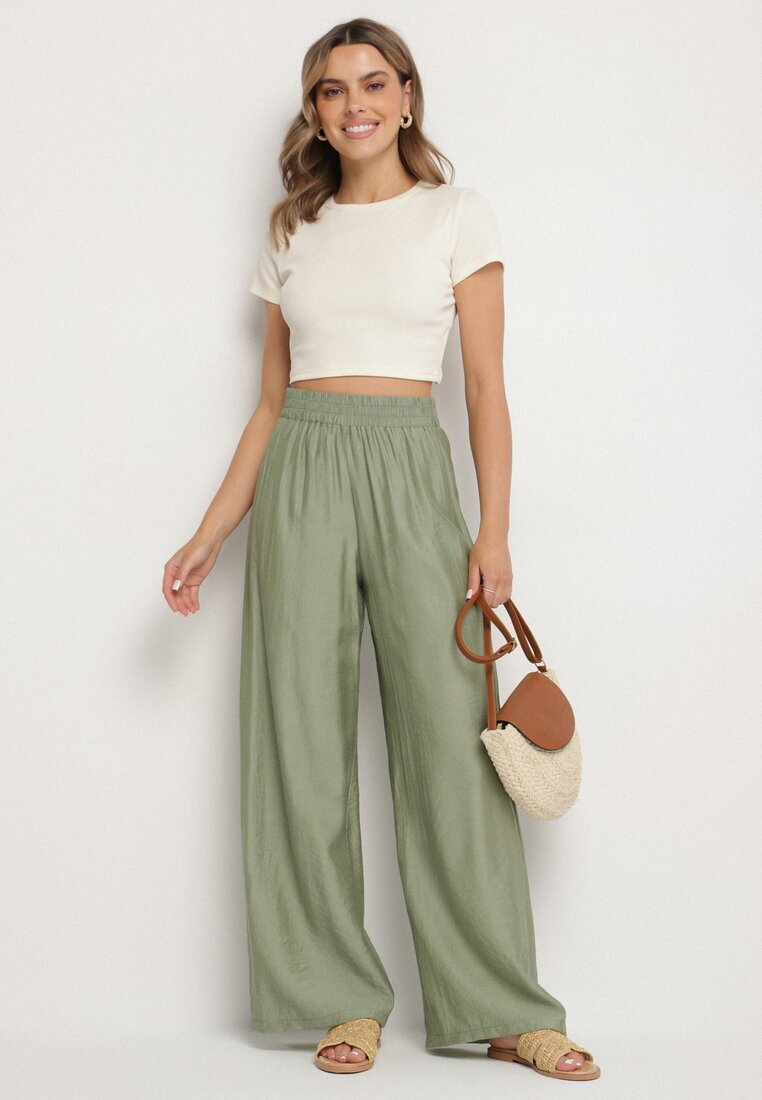 by swan Pantaloni Verzi Palazzo cu Croială Largă cu Elastic în Talie și Talie Înaltă Jenanetia