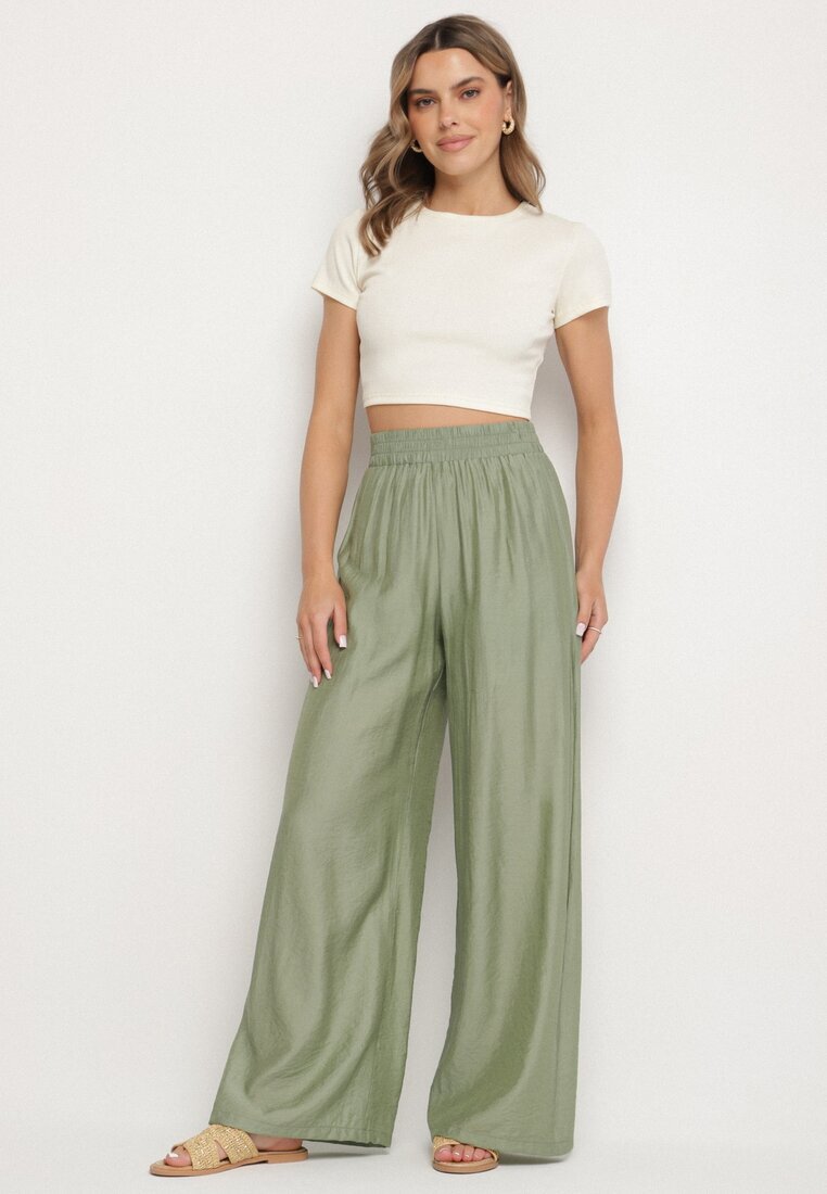 by swan Pantaloni Verzi Palazzo cu Croială Largă cu Elastic în Talie și Talie Înaltă Jenanetia