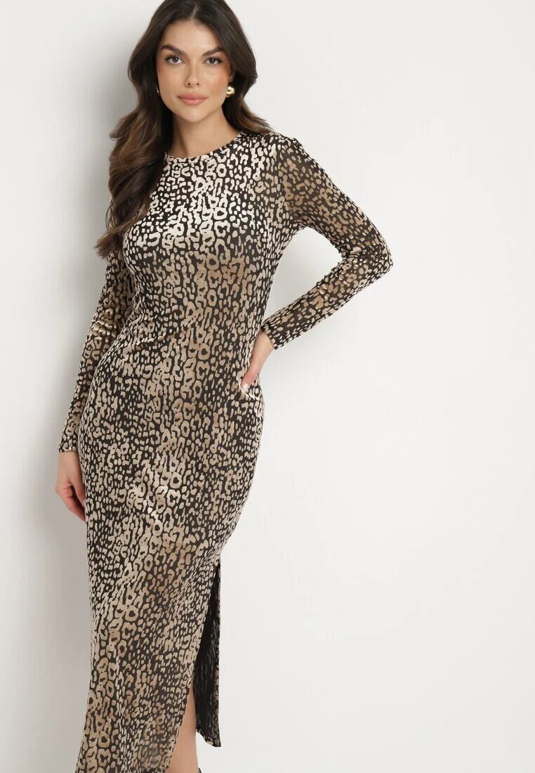 by swan Rochie ajustată din velur bej cu viscoză cu imprimeu leopard cu șlițuri și jupon Kyradi