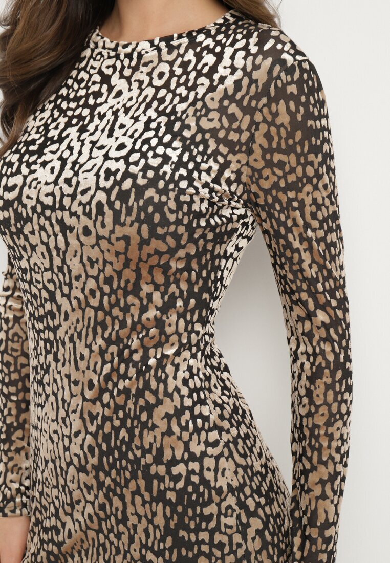 by swan Rochie ajustată din velur bej cu viscoză cu imprimeu leopard cu șlițuri și jupon Kyradi