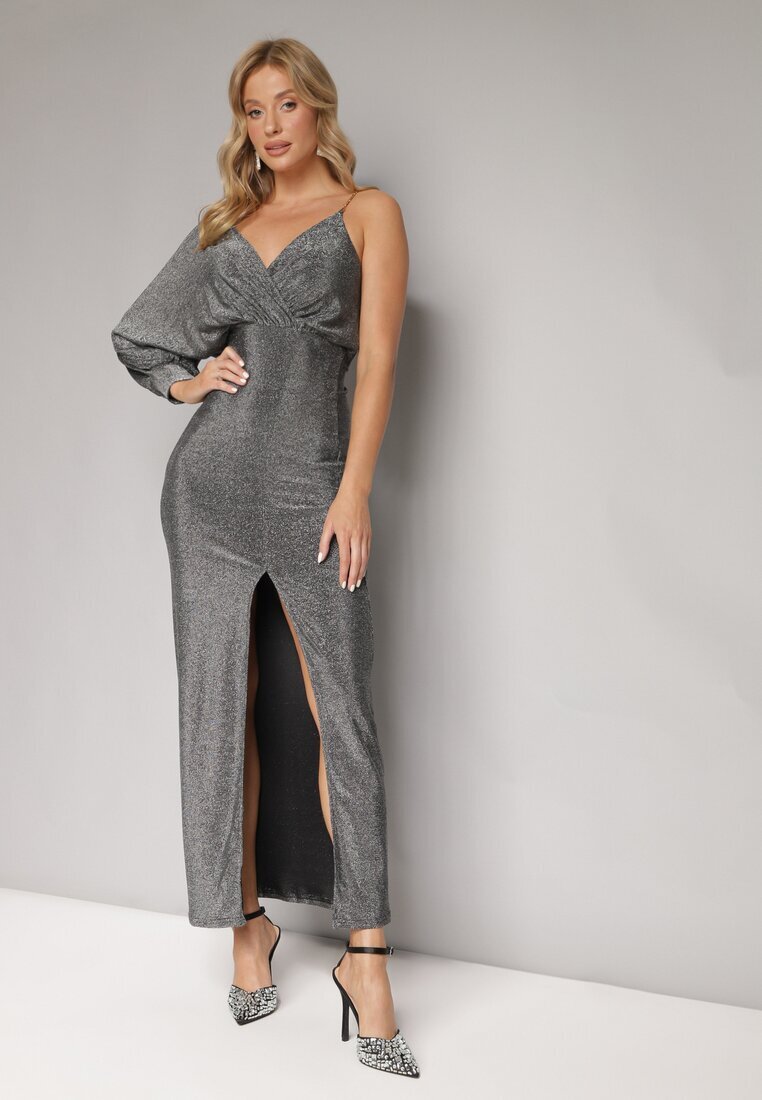 by swan Rochie Argintie Strălucitoare Asimetrică Maxi cu Slit și Decolteu petrecut Aknasa