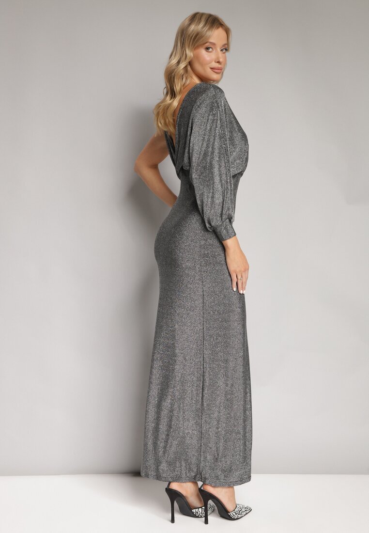 by swan Rochie Argintie Strălucitoare Asimetrică Maxi cu Slit și Decolteu petrecut Aknasa