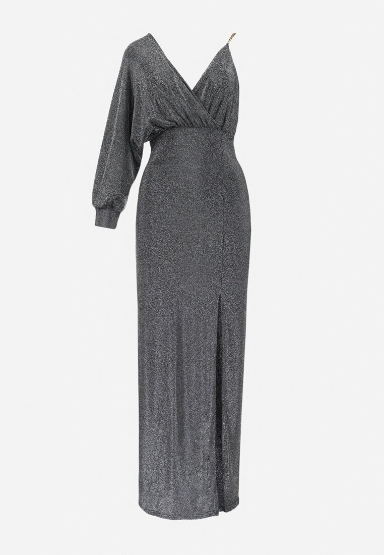 by swan Rochie Argintie Strălucitoare Asimetrică Maxi cu Slit și Decolteu petrecut Aknasa