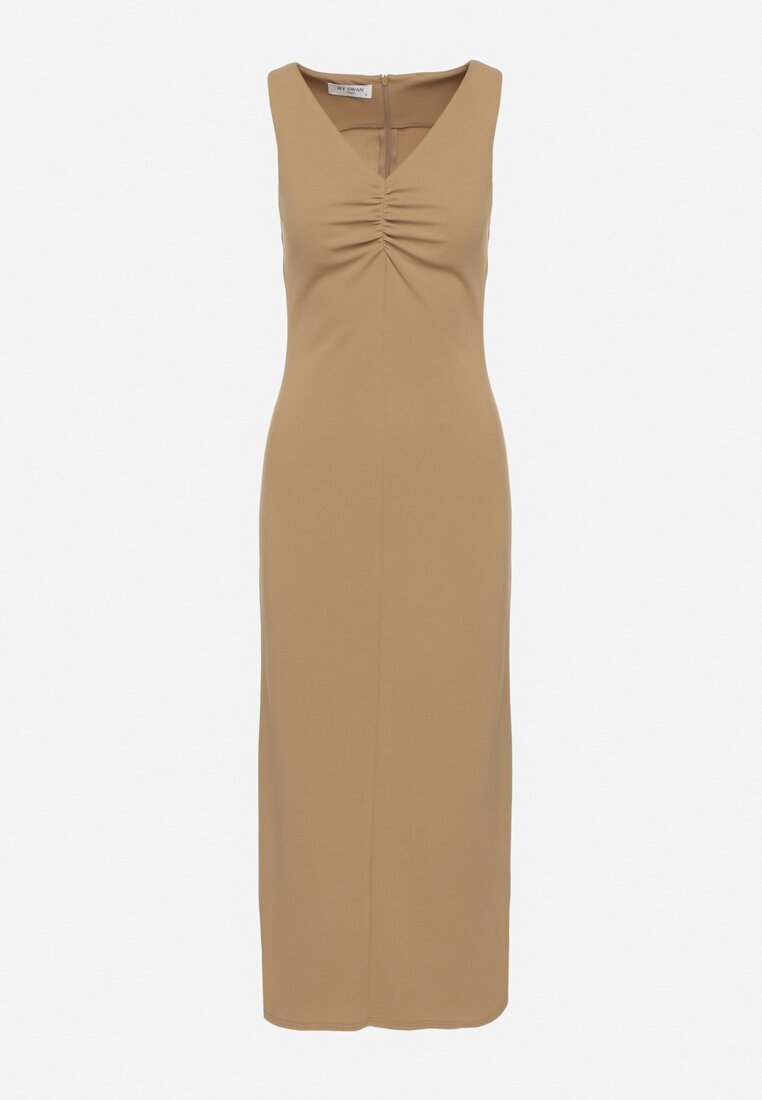 by swan Rochie Bej Cambrată din Vâscoză Ornată cu Drapaje Siloria