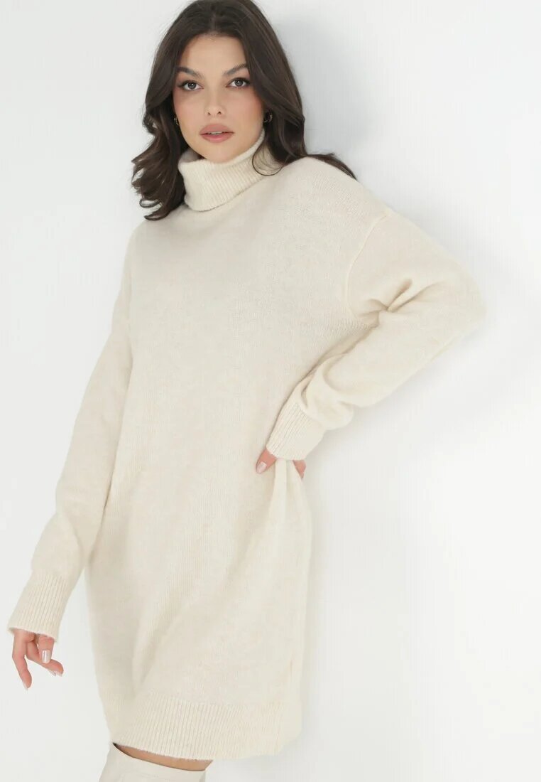 by swan Rochie bej din lână oversize cu guler înalt Heire