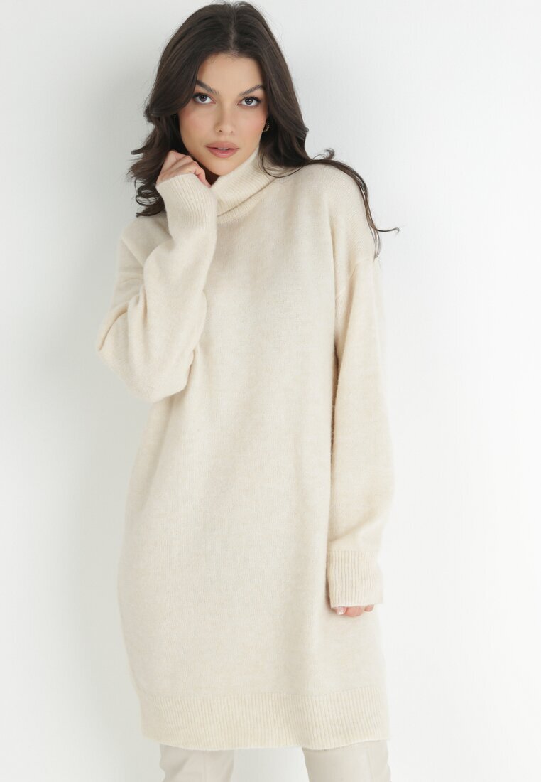 by swan Rochie bej din lână oversize cu guler înalt Heire