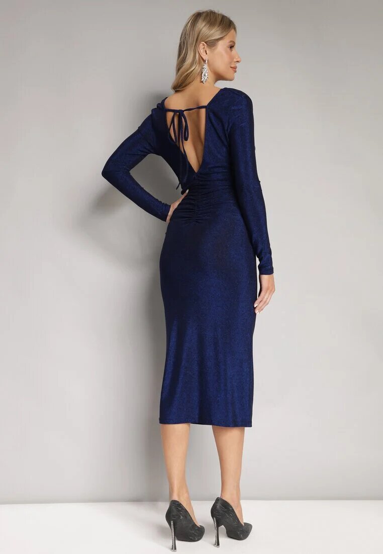 by swan Rochie bleumarin ajustată midi cu fir metalic și spate descoperit Niorve