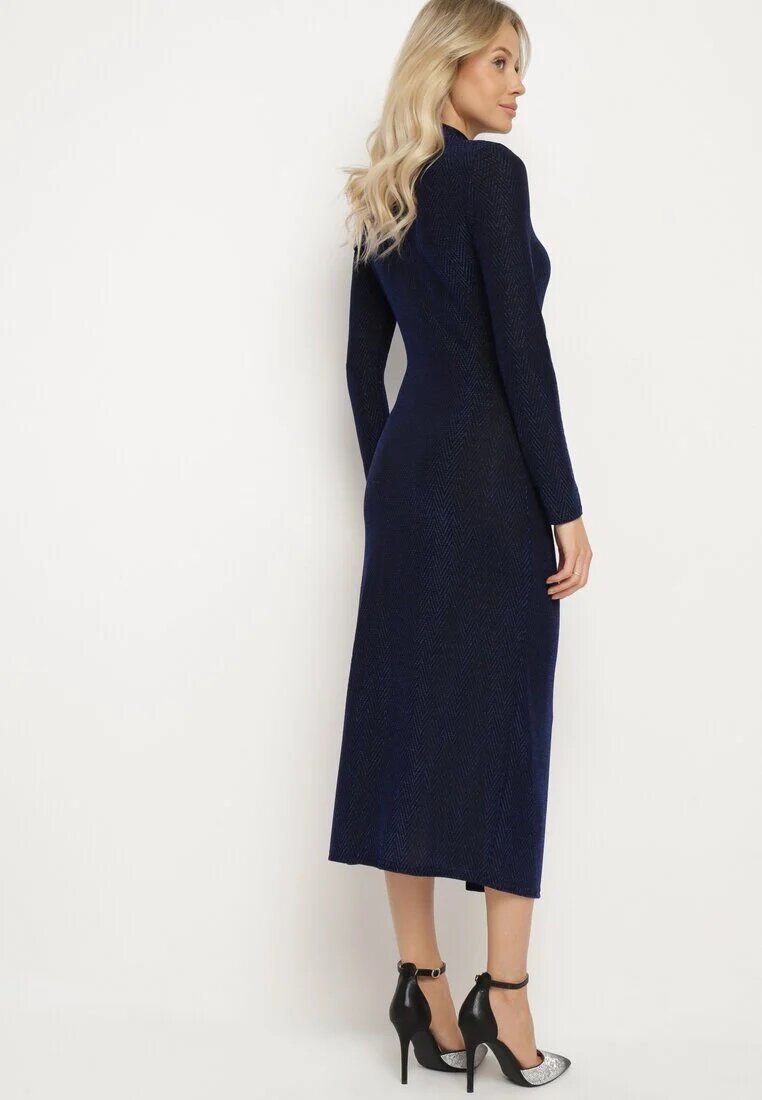 by swan Rochie Bleumarin Cambrată din Viscoză Ornată cu Drapaj și Fentă Laterală Lilindra
