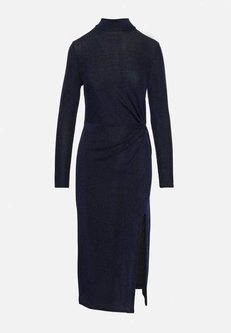 by swan Rochie Bleumarin Cambrată din Viscoză Ornată cu Drapaj și Fentă Laterală Lilindra