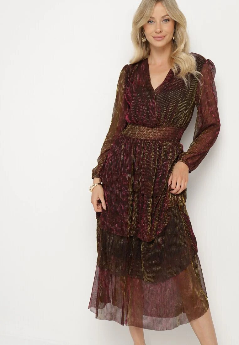 by swan Rochie Bordeaux Strălucitoare cu Volane și Elastic în Talie Limite