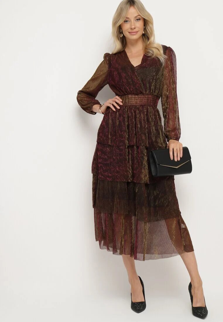 by swan Rochie Bordeaux Strălucitoare cu Volane și Elastic în Talie Limite