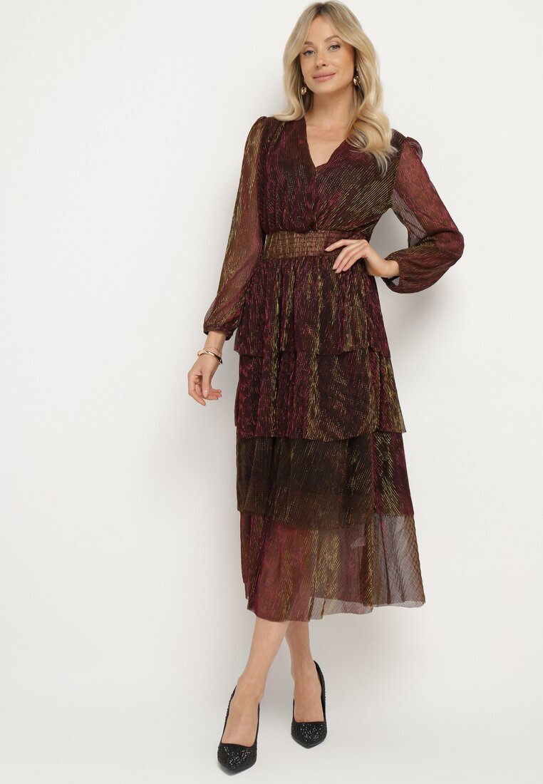 by swan Rochie Bordeaux Strălucitoare cu Volane și Elastic în Talie Limite