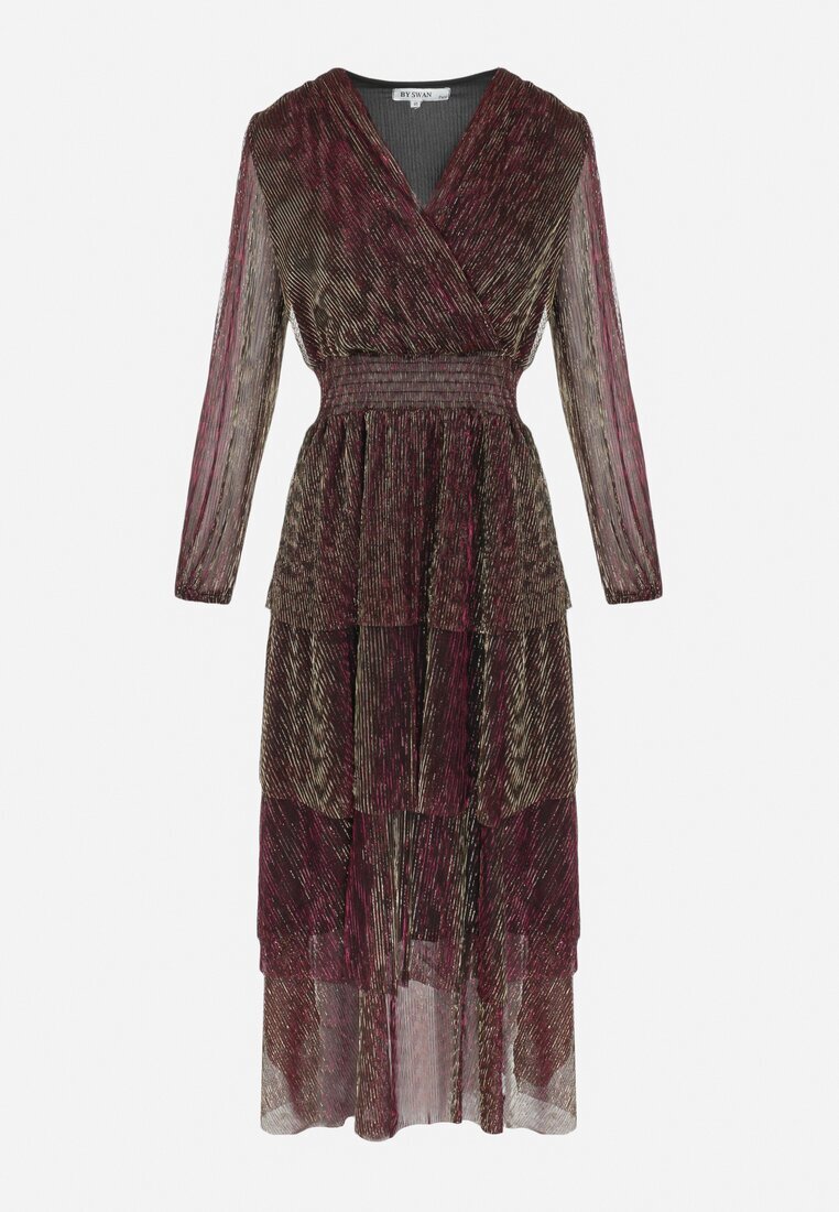 by swan Rochie Bordeaux Strălucitoare cu Volane și Elastic în Talie Limite