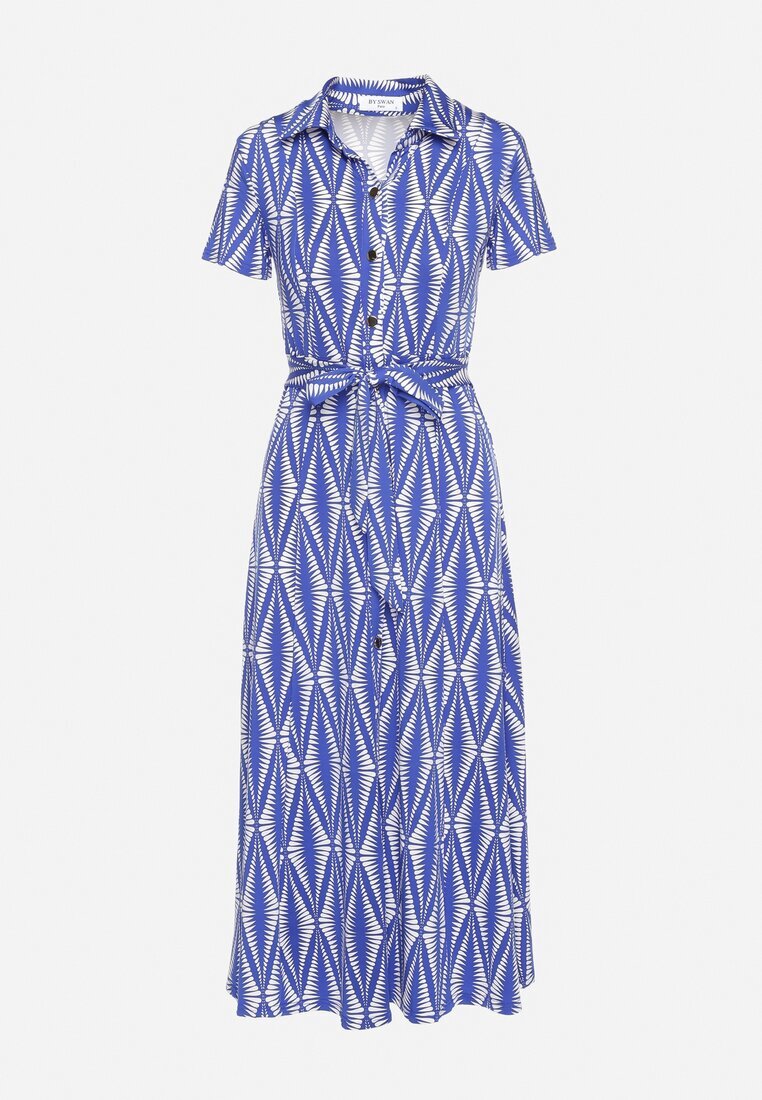 by swan Rochie Cămașă Albastră cu Imprimeu Geometric încheiată cu nasturi cu Centură din Material Thilea