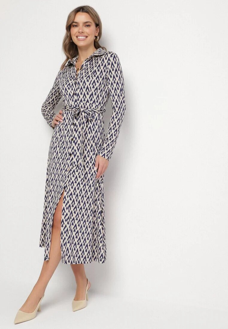 by swan Rochie Cămașă Albastră cu Viscoză și Curea cu Model Geometric Erilvessa