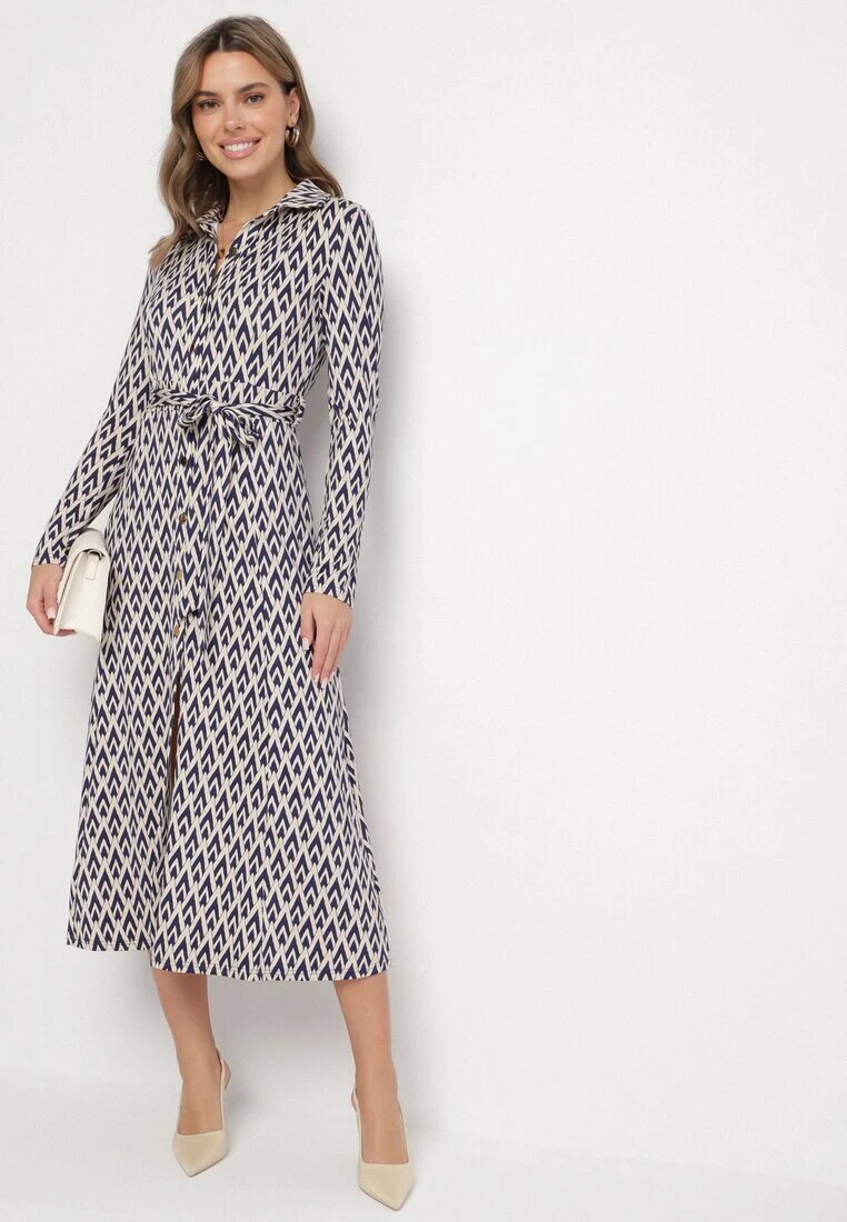 by swan Rochie Cămașă Albastră cu Viscoză și Curea cu Model Geometric Erilvessa