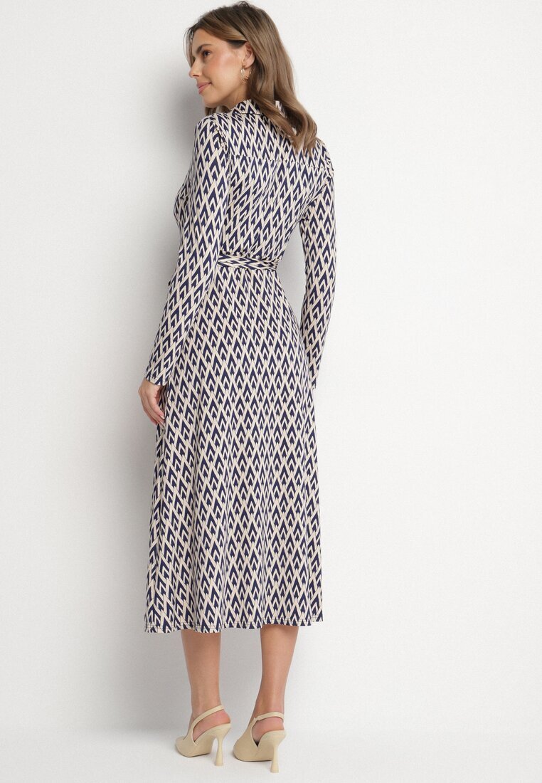 by swan Rochie Cămașă Albastră cu Viscoză și Curea cu Model Geometric Erilvessa