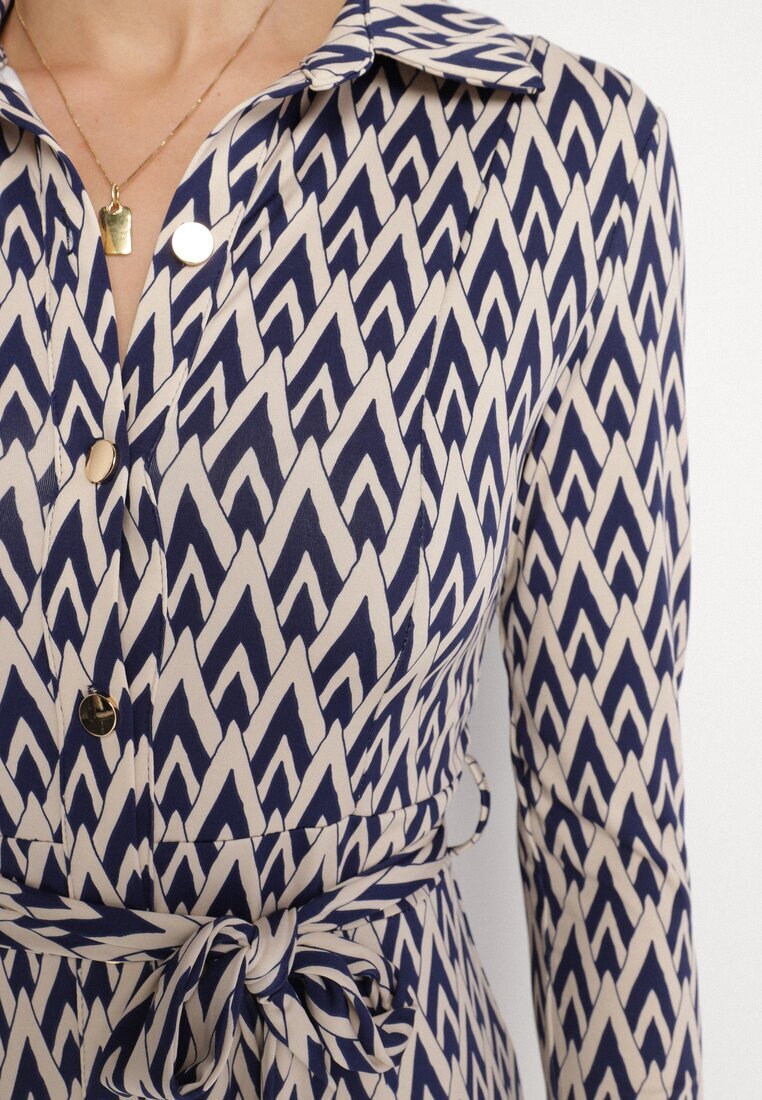 by swan Rochie Cămașă Albastră cu Viscoză și Curea cu Model Geometric Erilvessa