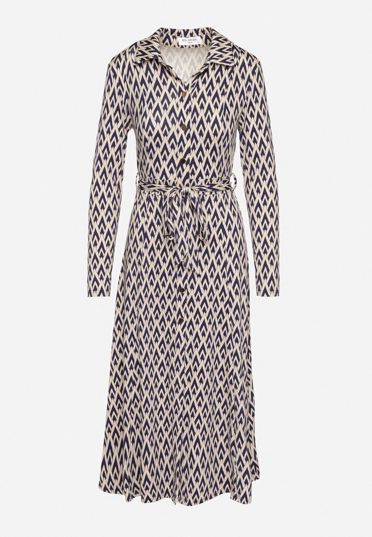 by swan Rochie Cămașă Albastră cu Viscoză și Curea cu Model Geometric Erilvessa