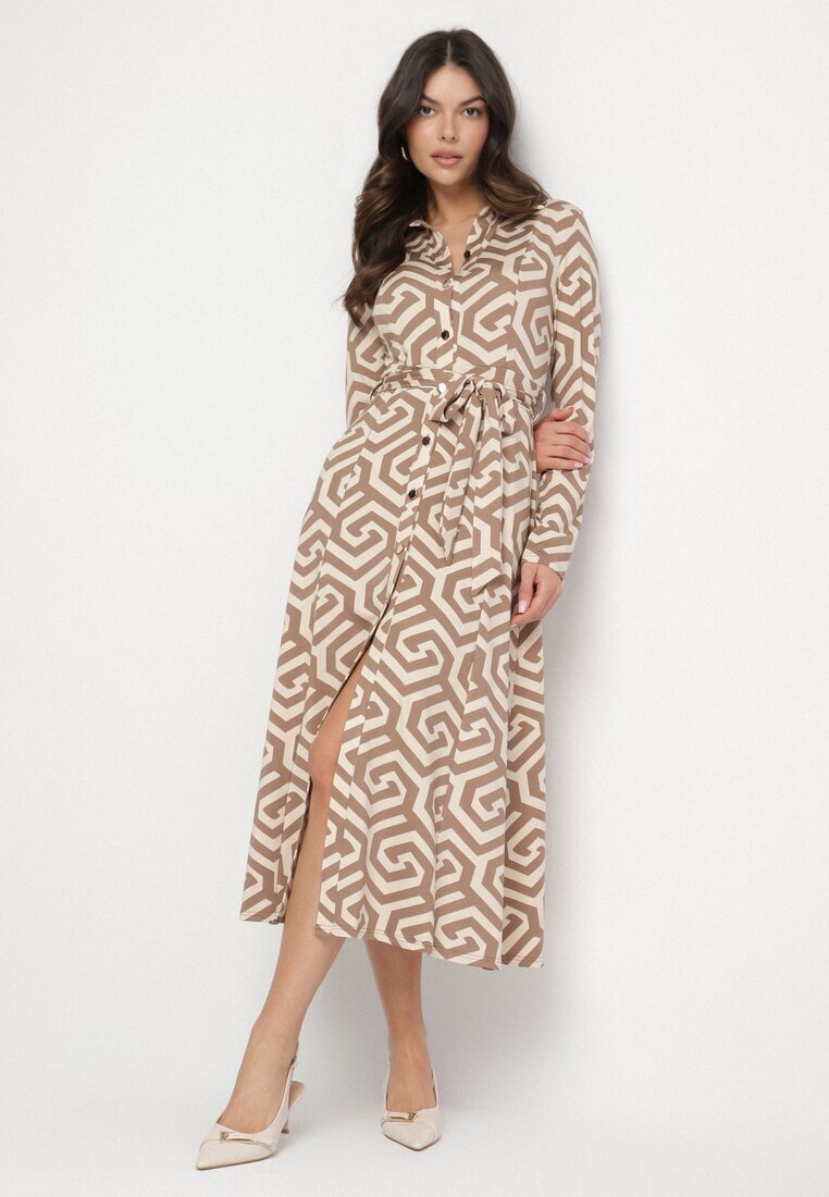 by swan Rochie cămașă Bej cu viscoză cu curea și motiv geometric Erislevia.