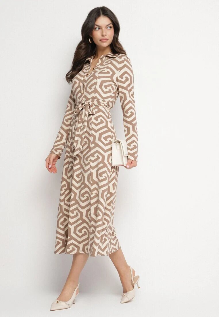 by swan Rochie cămașă Bej cu viscoză cu curea și motiv geometric Erislevia.