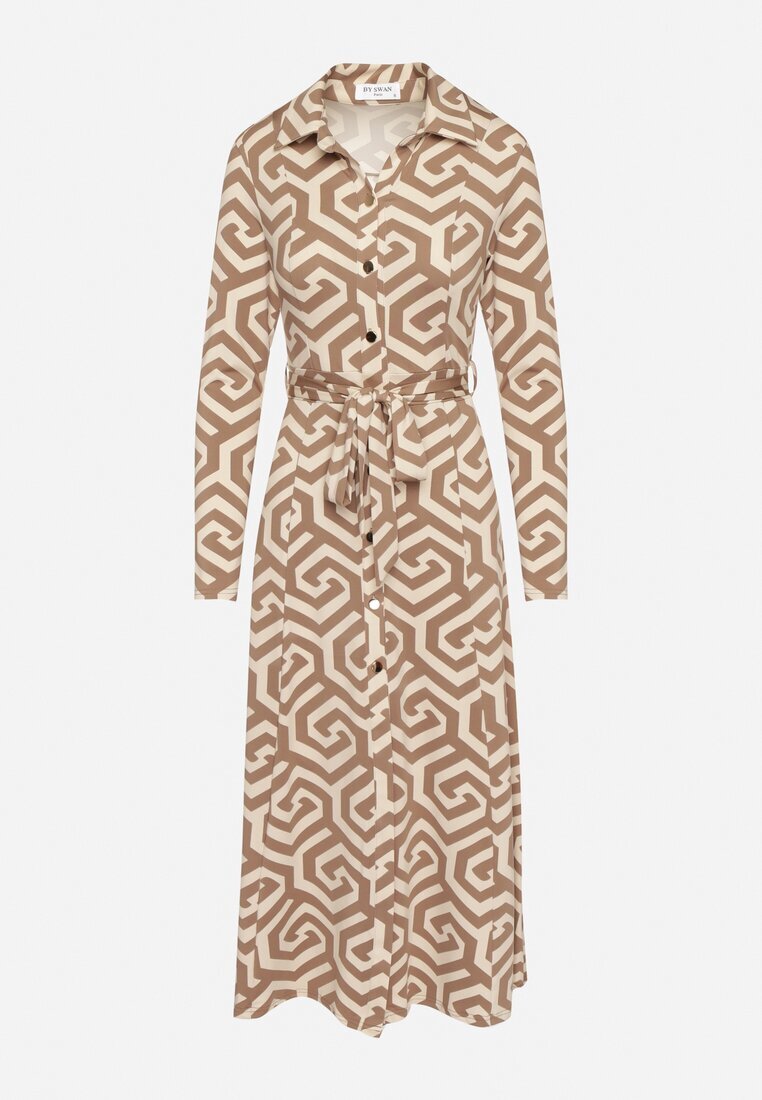 by swan Rochie cămașă Bej cu viscoză cu curea și motiv geometric Erislevia.