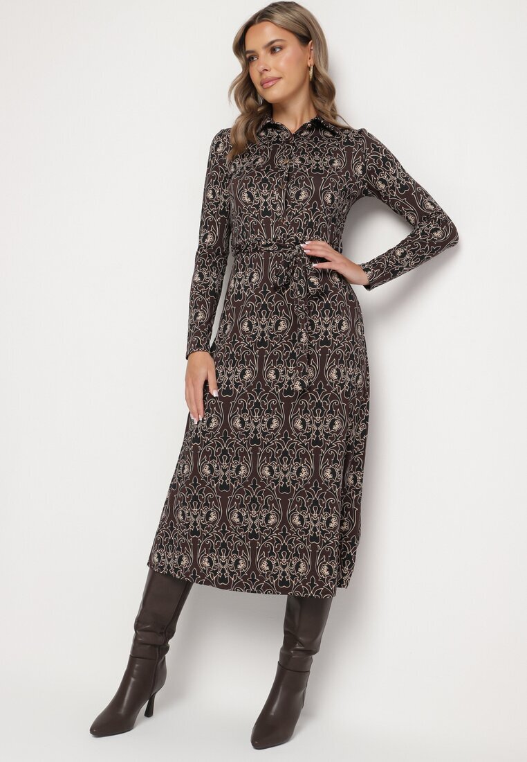by swan Rochie Cămașă Maro-Bej Decorată cu Model Ornamental Mesilie