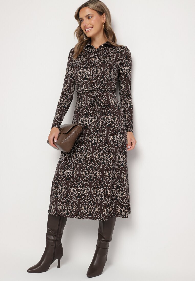 by swan Rochie Cămașă Maro-Bej Decorată cu Model Ornamental Mesilie