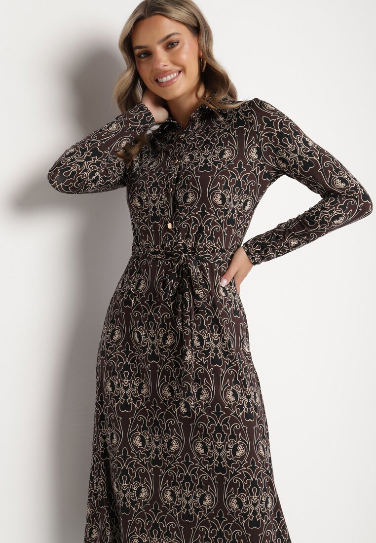 by swan Rochie Cămașă Maro-Bej Decorată cu Model Ornamental Mesilie