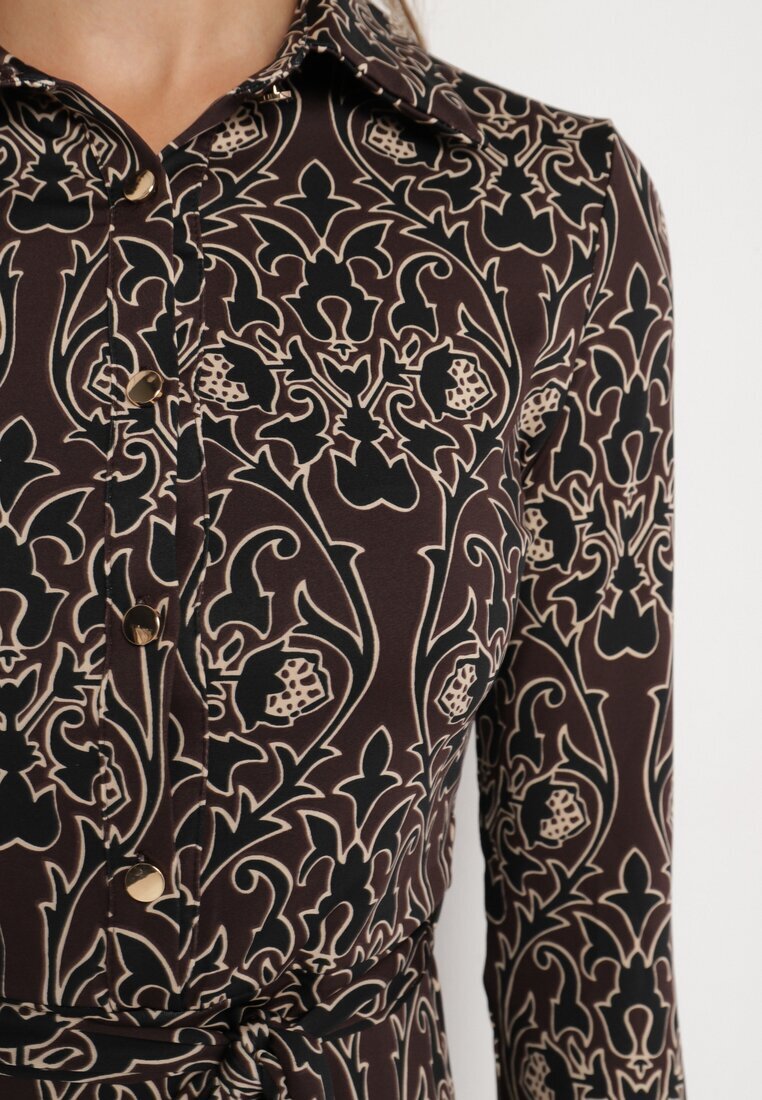 by swan Rochie Cămașă Maro-Bej Decorată cu Model Ornamental Mesilie