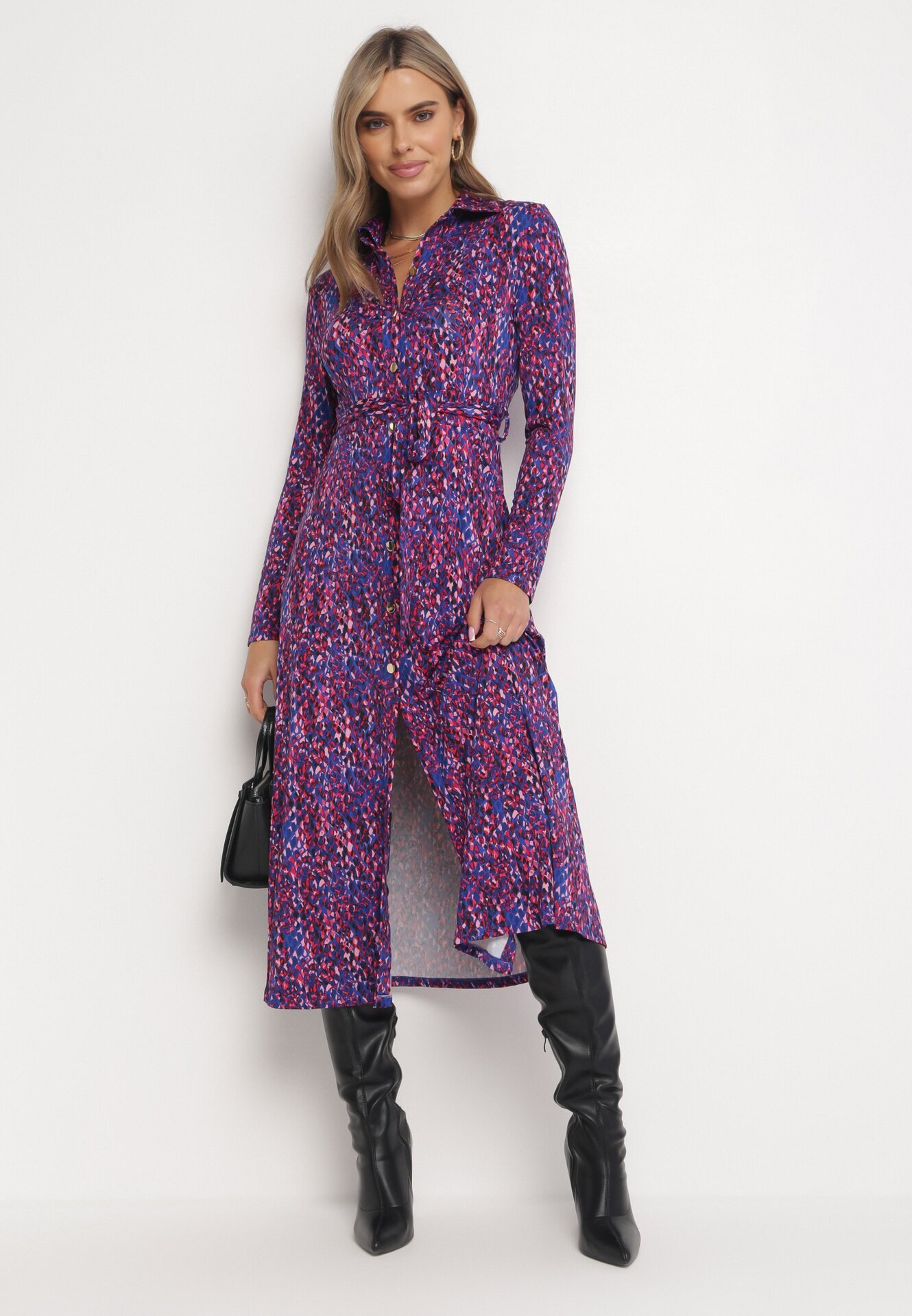 by swan Rochie Cămașă Maxi Violet-Albastră cu Cordon Legat Marlana