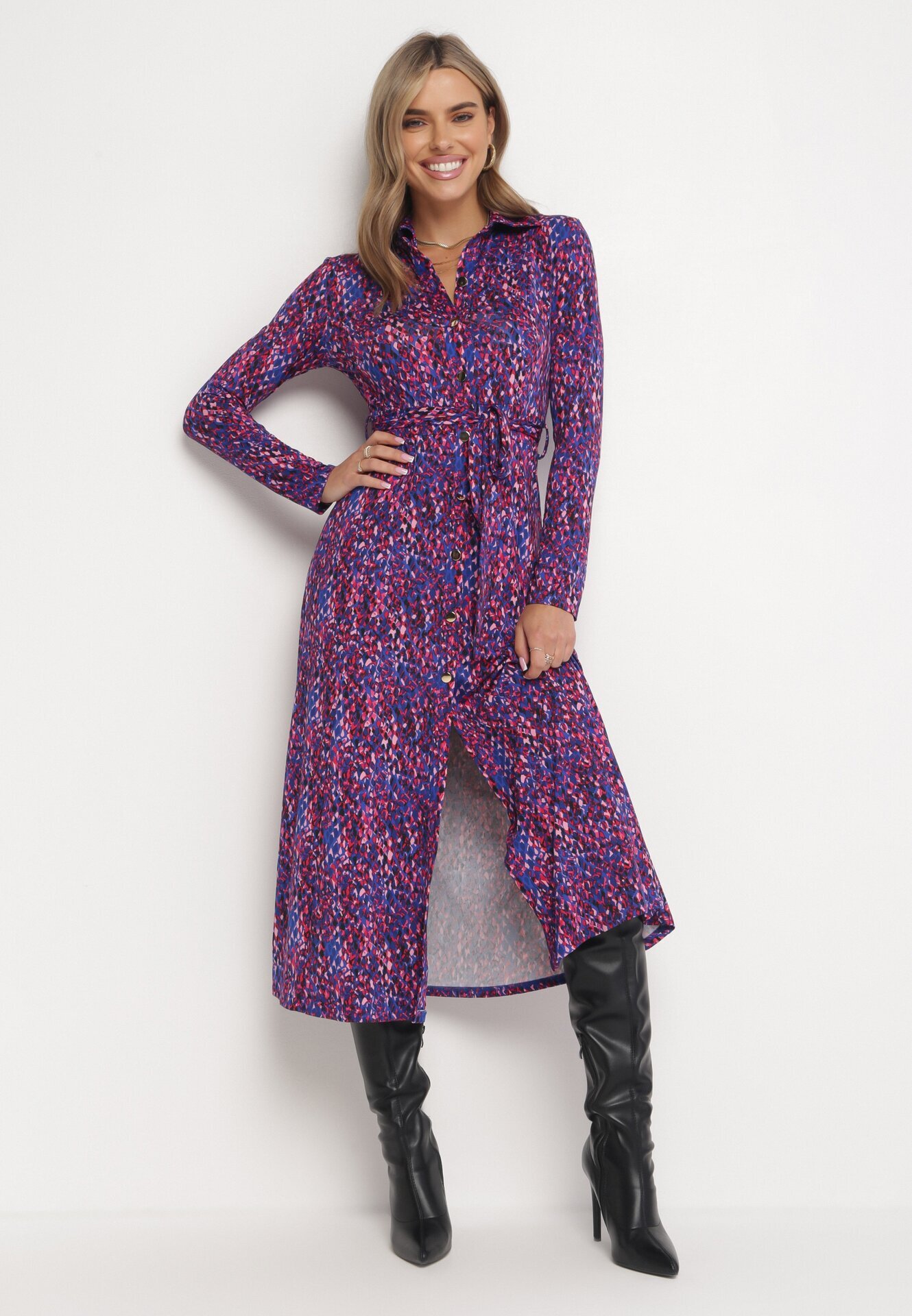 by swan Rochie Cămașă Maxi Violet-Albastră cu Cordon Legat Marlana