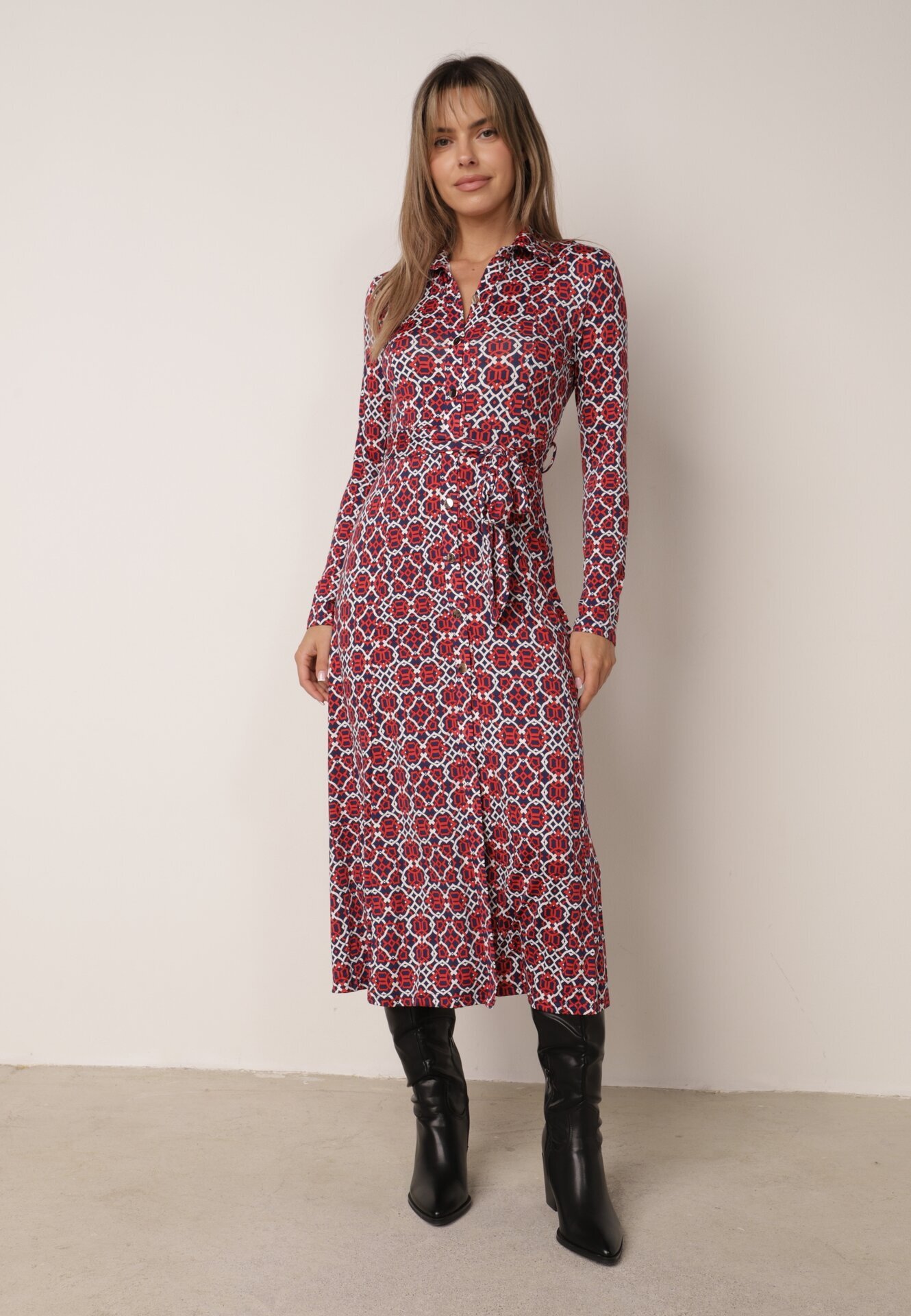 by swan Rochie Cambrată Roșu-Albă Maxi cu Centură Textilă cu Imprimeu Geometric Filint