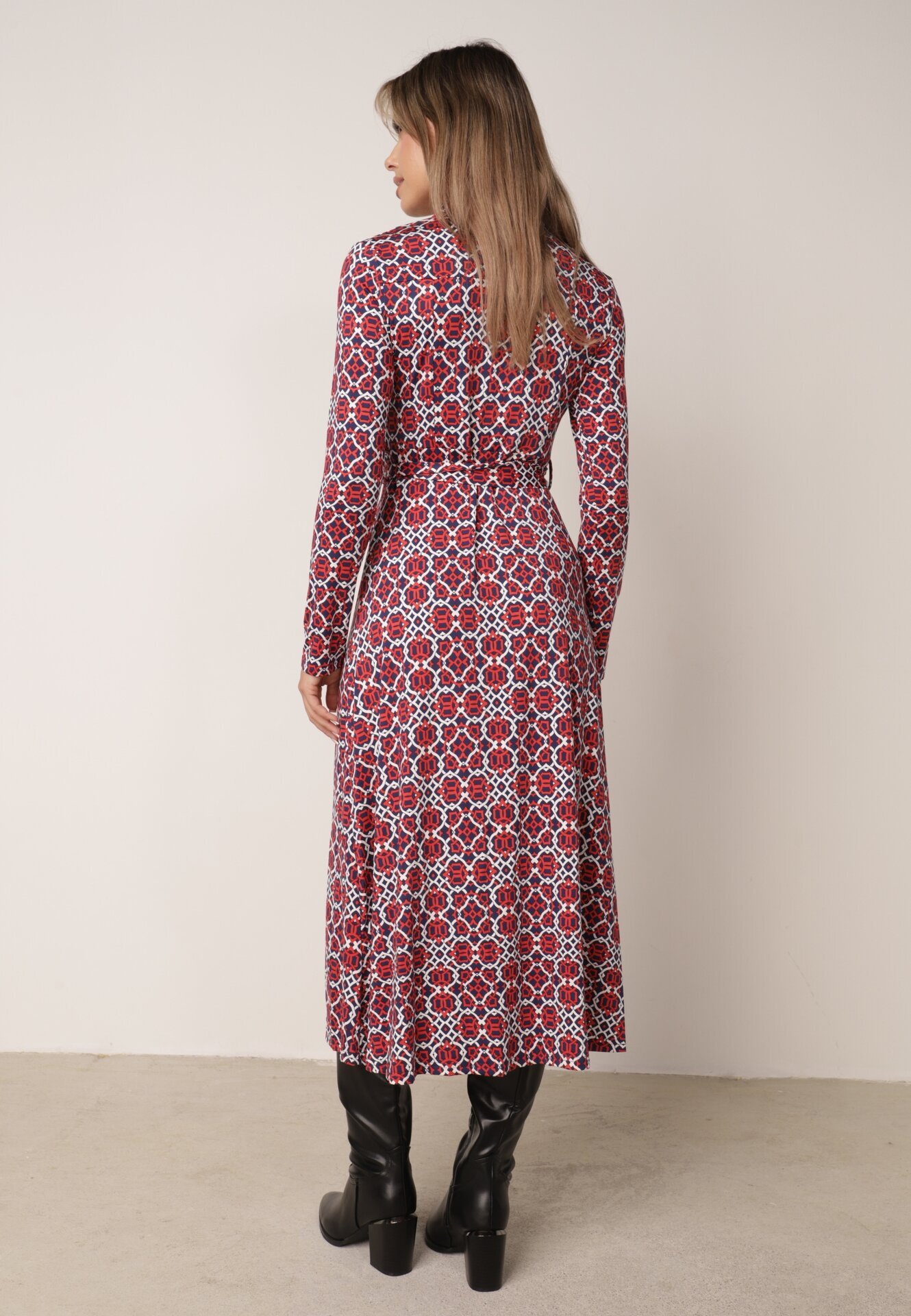 by swan Rochie Cambrată Roșu-Albă Maxi cu Centură Textilă cu Imprimeu Geometric Filint