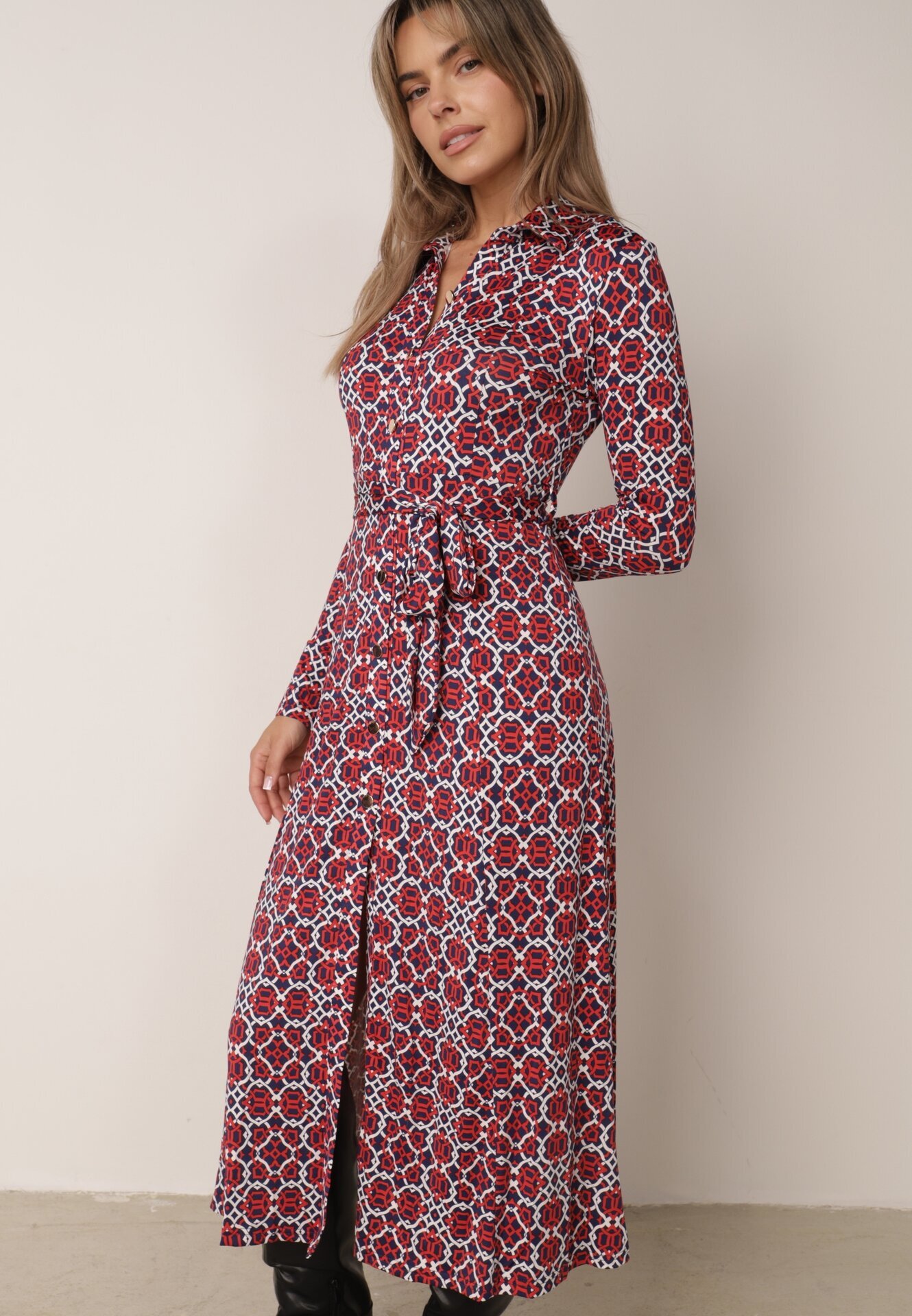 by swan Rochie Cambrată Roșu-Albă Maxi cu Centură Textilă cu Imprimeu Geometric Filint