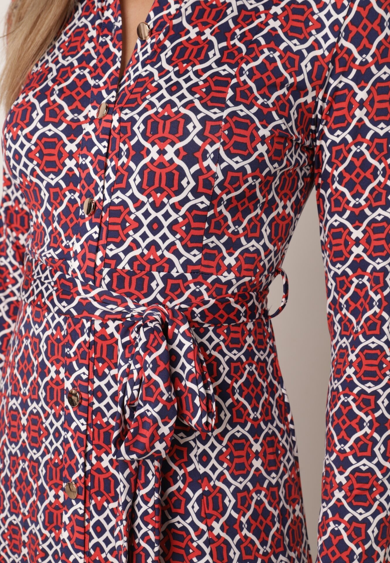 by swan Rochie Cambrată Roșu-Albă Maxi cu Centură Textilă cu Imprimeu Geometric Filint