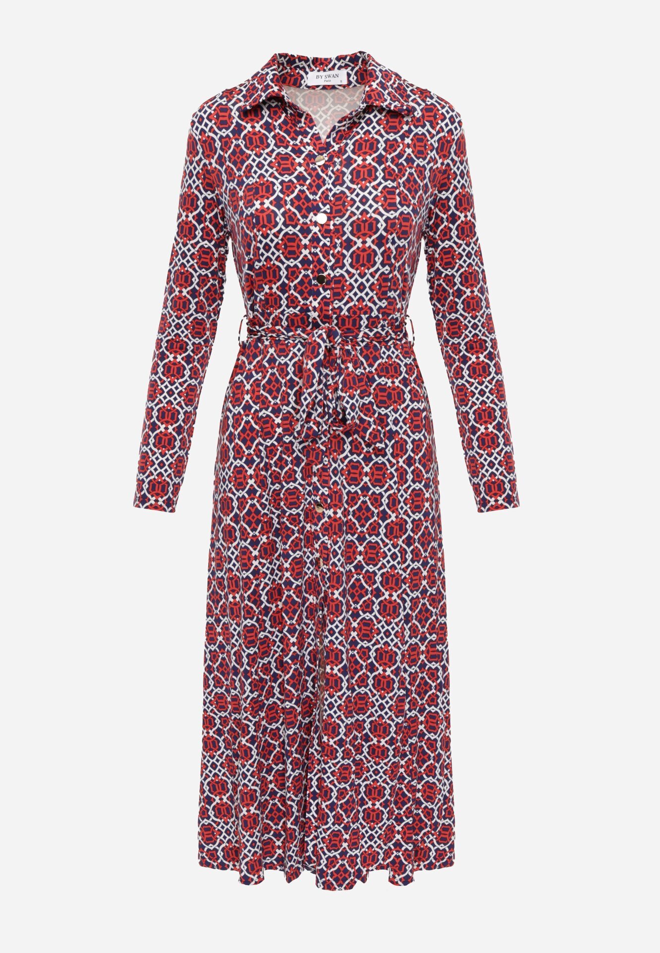 by swan Rochie Cambrată Roșu-Albă Maxi cu Centură Textilă cu Imprimeu Geometric Filint