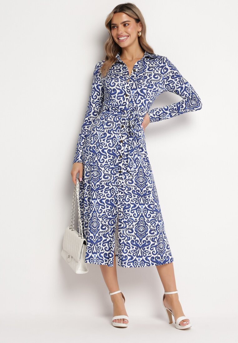 by swan Rochie Cloș Albastru-Alb Midi stil cămașă cu model decorativ Liovia