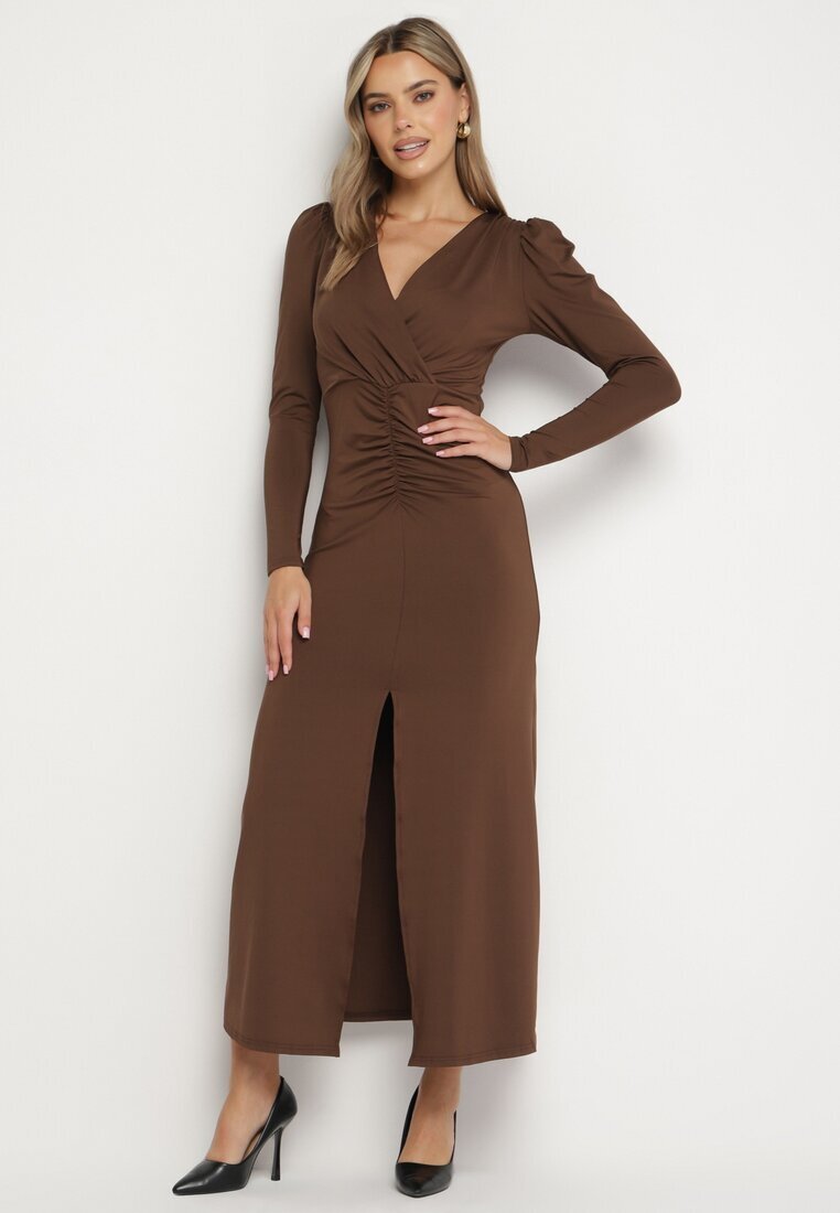by swan Rochie Elegantă Maro Tip Plic Decorată cu Drapaje Zainara